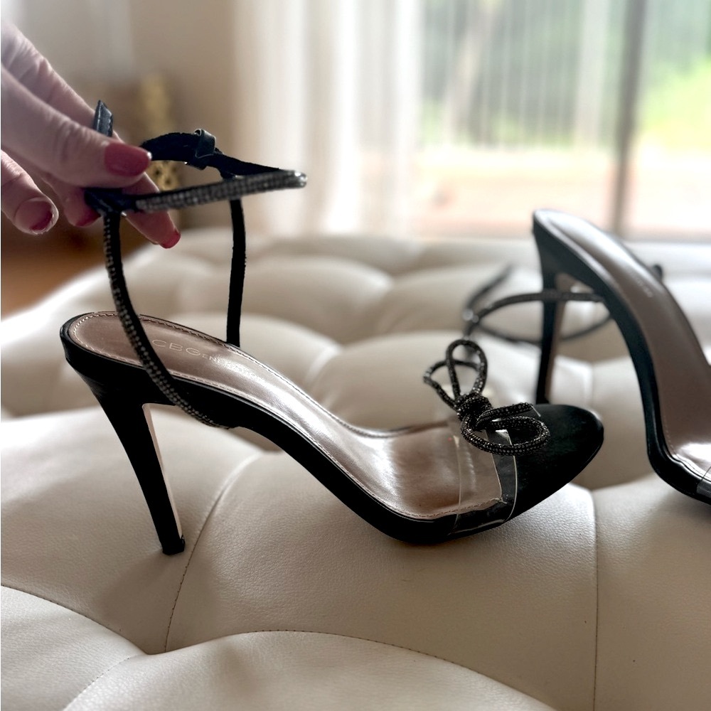 BCBG Generation black satin heels samdals and black crystals